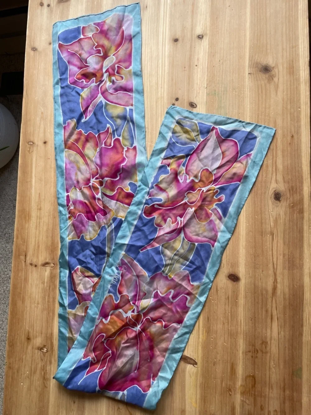Hand Painted Floral Silk Scarf in Blue, Pink & Purple